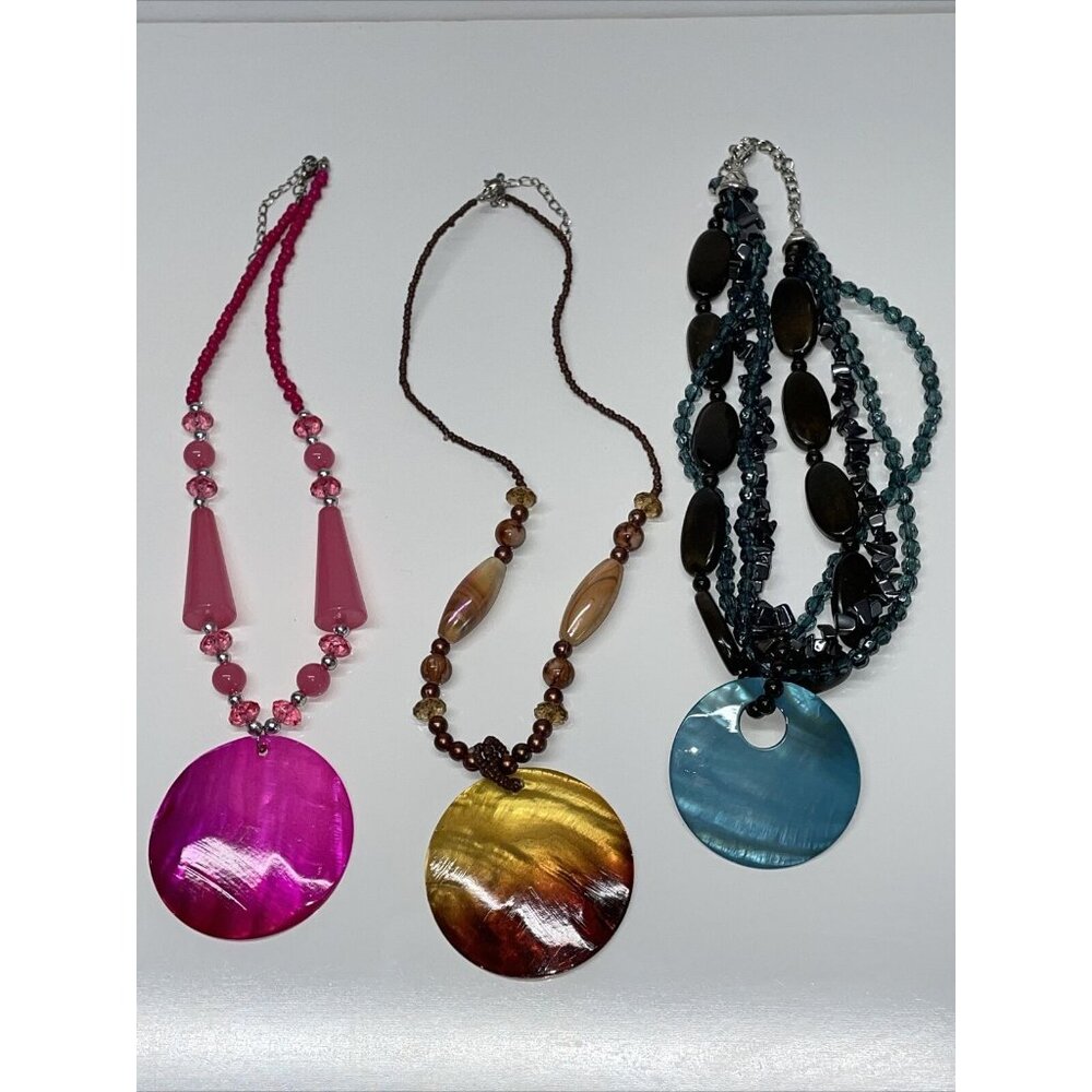 Set of 3 Beaded Abalone Shell Pendant Necklaces Round‎ Pink Blue Brown SL46